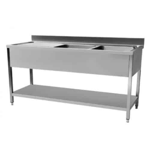 Plonge démontable en inox avec étagère, dosseret et egouttoir, 2 bacs à droite, L 1400 mm