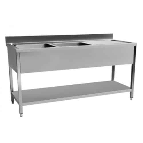 Plonge démontable en inox avec étagère, dosseret et egouttoir, 2 bacs à gauche, L 1400 mm