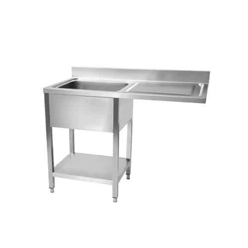 Plonge démontable lave-vaiselle avec étagère, pieds carrées, inox insonorisée, L 1400 x P 700 mm, 1 bac, 1 égouttoir