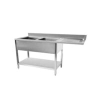 Plonge démontable lave-vaiselle avec étagère, pieds carrées, inox insonorisée, L 1800 x P 700 mm, 2 bacs, 1 égouttoir