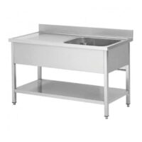 Plonge démontable sur pieds carrés, étagère pleine, en inox AISI 201, 1 bac, égouttoir a droite, L 1200 x P 700 mm