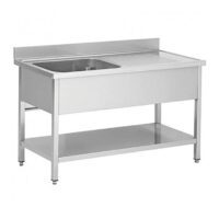 Plonge démontable sur pieds carrés, étagère pleine, en inox AISI 201, 1 bac, égouttoir a gauche, L 1200 x P 600 mm
