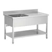 Plonge démontable sur pieds carrés, étagère pleine, en inox AISI 201, 1 bac, égouttoir a gauche, L 1200 x P 600 mm