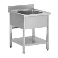 Plonge démontable sur pieds carrés, étagère pleine, en inox AISI 201, 1 bac, L 600 x P 600 mm
