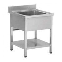 Plonge démontable sur pieds carrés, étagère pleine, en inox AISI 201, 1 bac, L 700 x P 700 mm