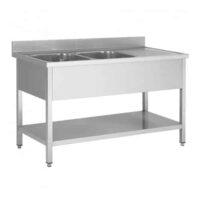 Plonge démontable sur pieds carrés, étagère pleine, en inox AISI 201, 2 bacs, égouttoir a gauche, L 1600 mm