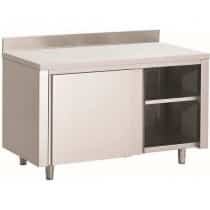 Table armoire, adossée, portes coulissantes, inox AISI 304, L 1600 x P 400 x H 850 mm, sur mesure