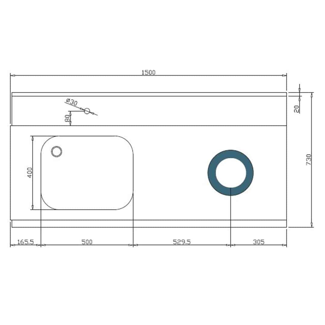 Plonge entrée gauche L 1500 mm + trou-vide déchets pour lave-vaisselle – Image 2